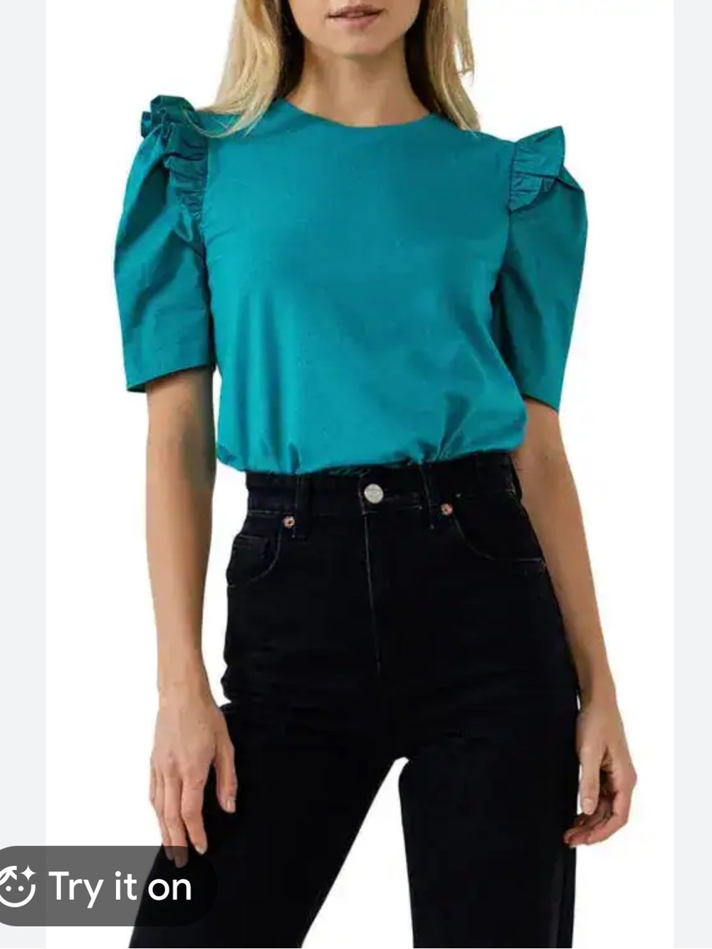 ENGLISH FACTORY Teal Green Mini Ruffle Puff Sleeve Crew Neck T-Shirt Size Medium